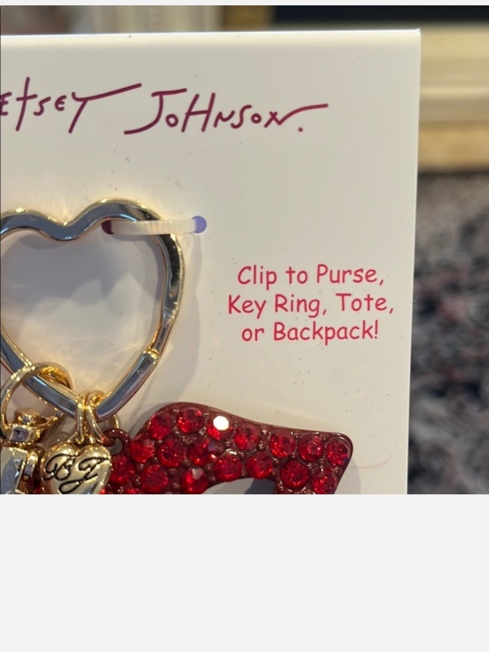 Betsey Johnson Red Crystal Lip Handbag Charm Keychain New - Picture 2 of 5